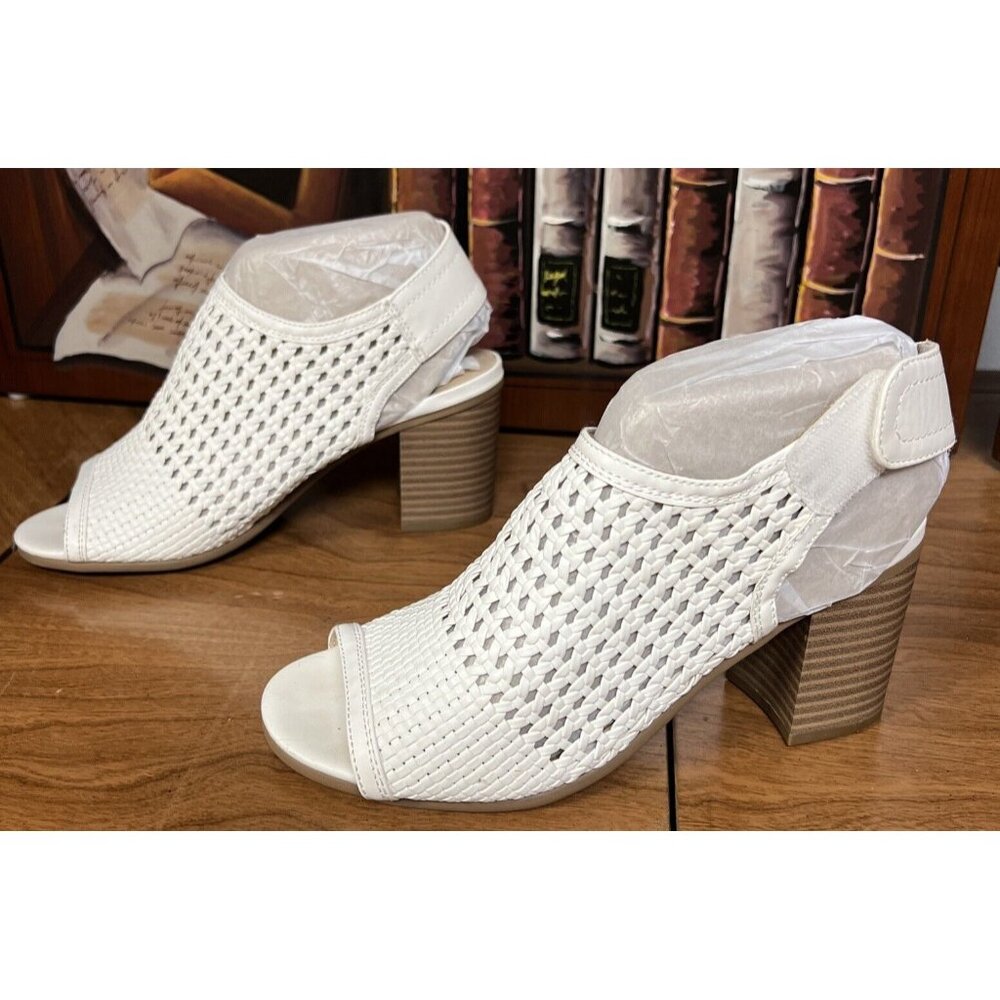 Sonoma White Heels Basket Weave Bootie Sandals Block 3" Heel Peep Toe Size 7 - Picture 3 of 7